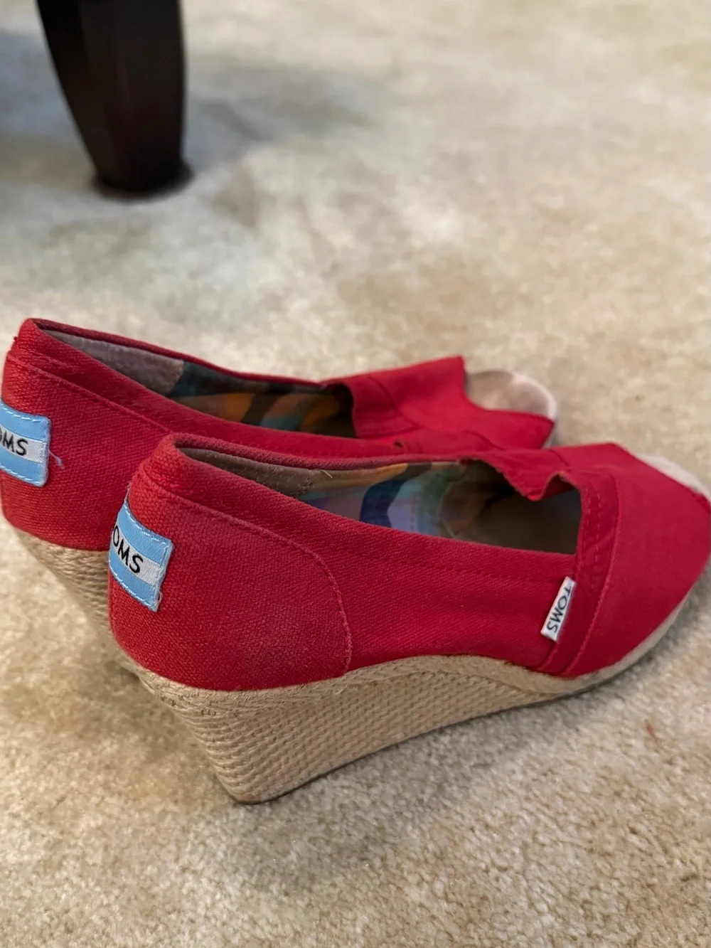 TOMS Red Canvas Wedge Espadrille Peep-Toe Heels